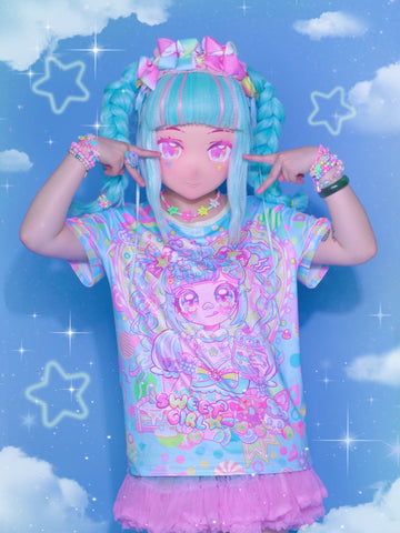 Harajuku kawai decora blue Sweet Candy Girl decora full-print T-shirt