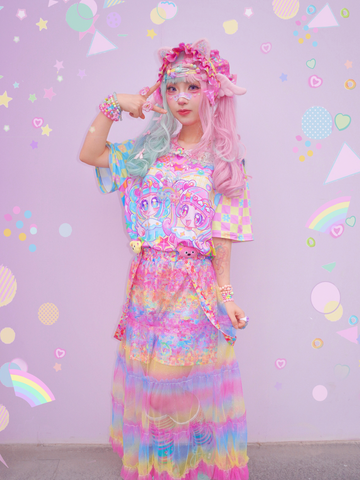 Harajuku pink gradient colorful shimmering suspender gauze skirt
