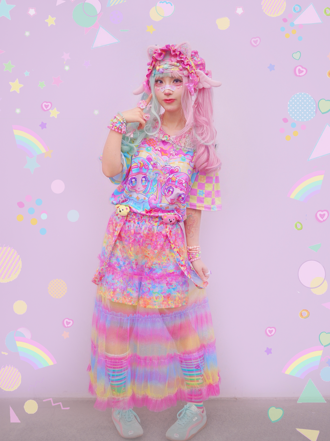 Harajuku pink yellow blue gradient colorful shimmering suspender gauze skirt