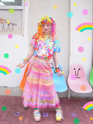 Harajuku pink yellow gradient colorful shimmering suspender gauze skirt