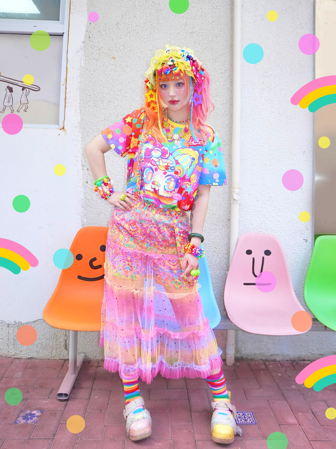 Harajuku pink yellow gradient colorful shimmering suspender gauze skirt