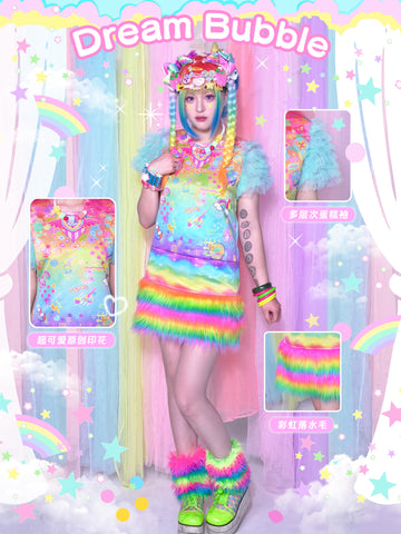 Dream Bubble Rainbow Romantic Dress Tulle Cake Sleeves Colorful Furry Skirt