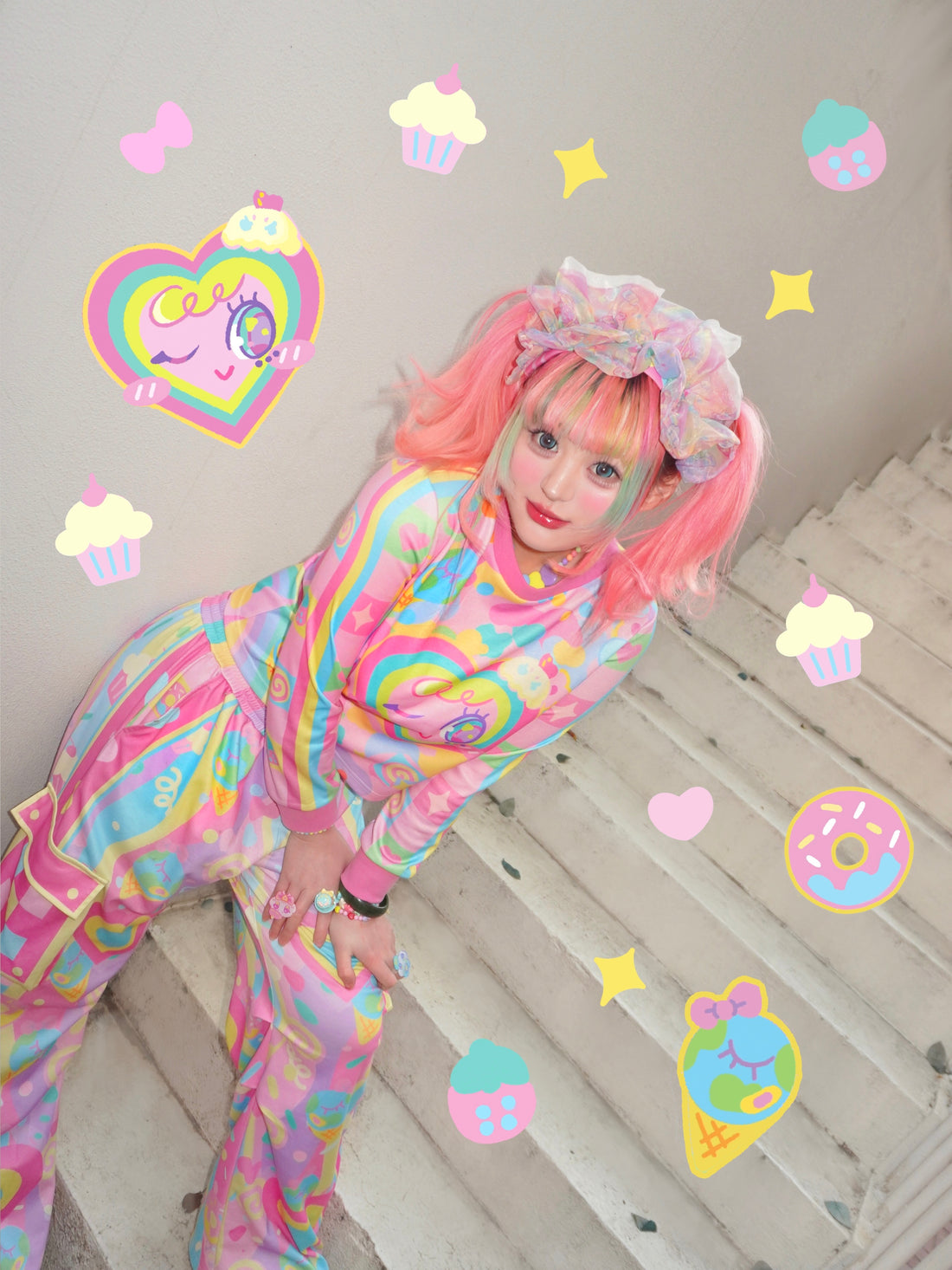 Sweet Pink Heart!!! Kawai POP Sportwear suit Street hip-hop style
