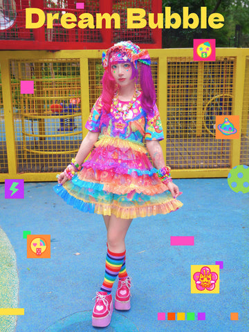 Harajuku Rainbow gradient girl's camisole tulle dress layering essential Decora Fashion