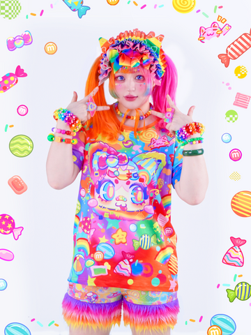 Rainbow Candy Cat=w=^Harajuku kawai decora  full-print  T-shirt