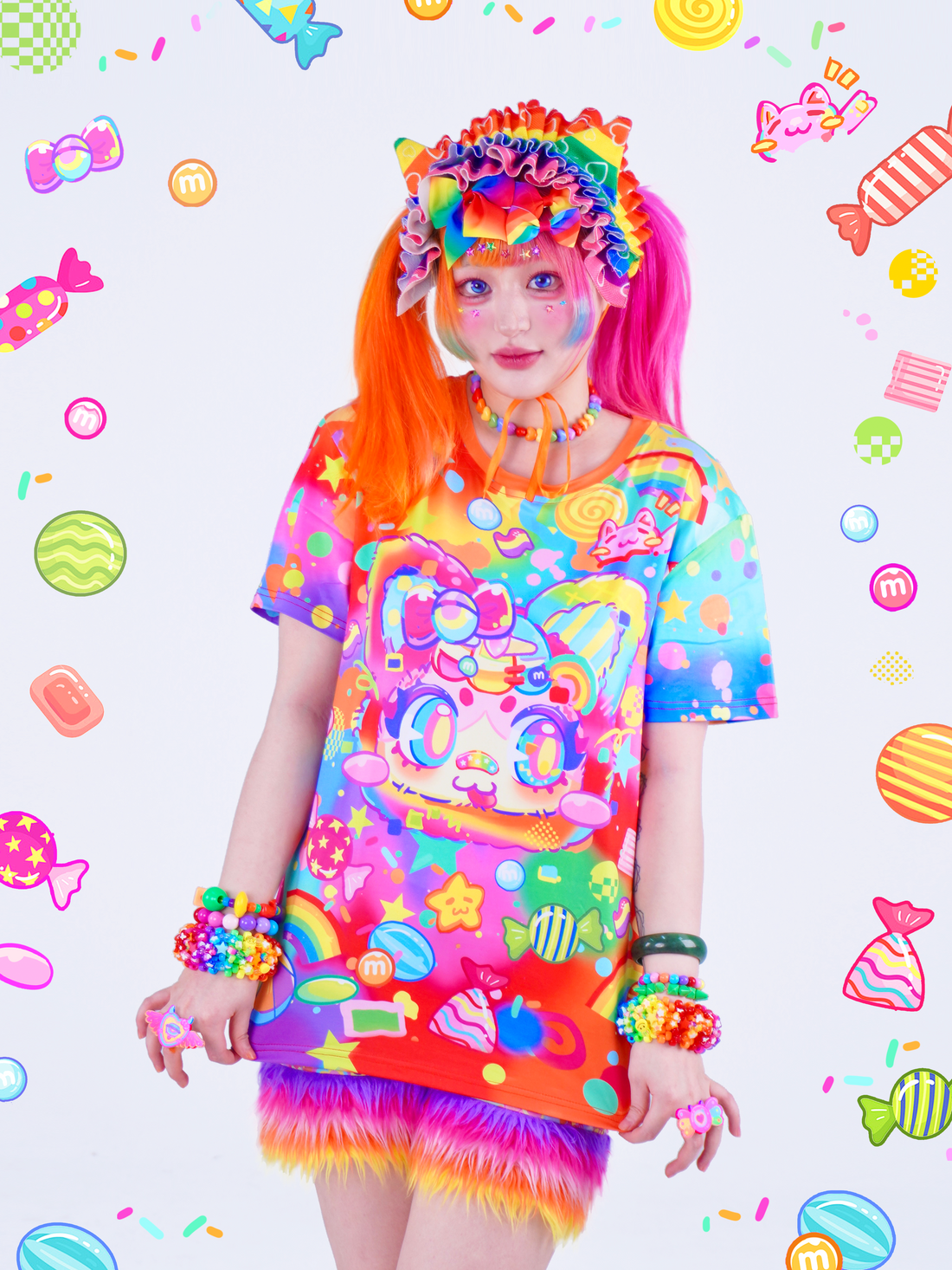 Rainbow Candy Cat=w=^Harajuku kawai decora  full-print  T-shirt