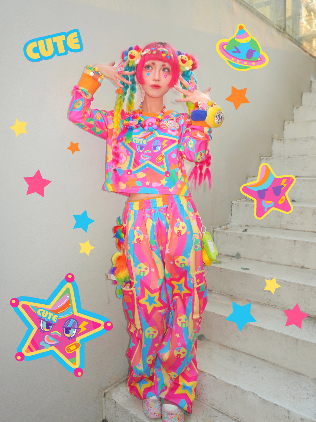 Hot Pink Star!!! Kawai POP Sportwear suit Street hip-hop style