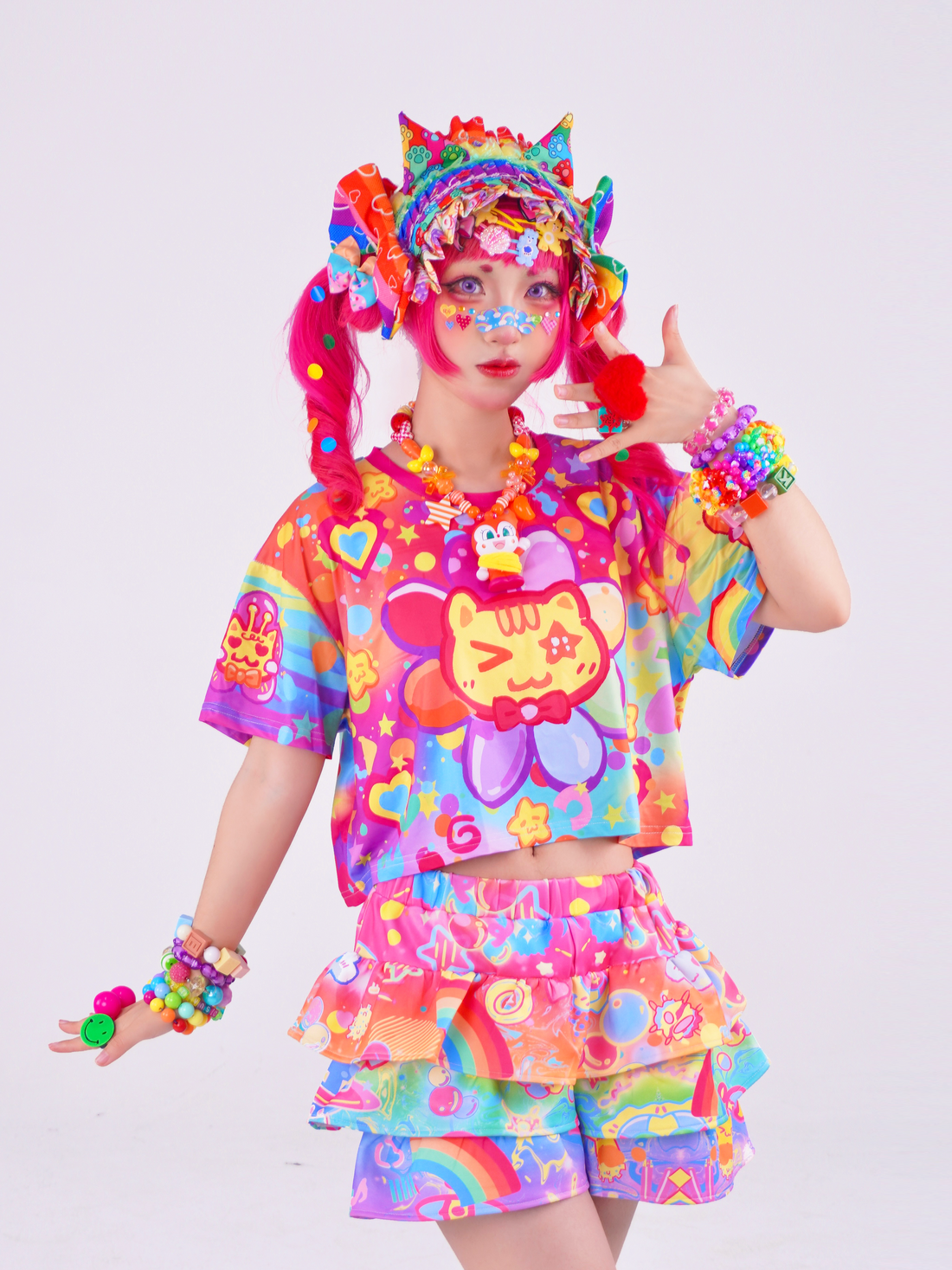 Rainbow Sunflower Cat Harajuku kawai decora full-print  T-shirt