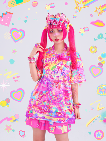 Pinky Happy Unicorn Harajuku kawai decora full-print  T-shirt