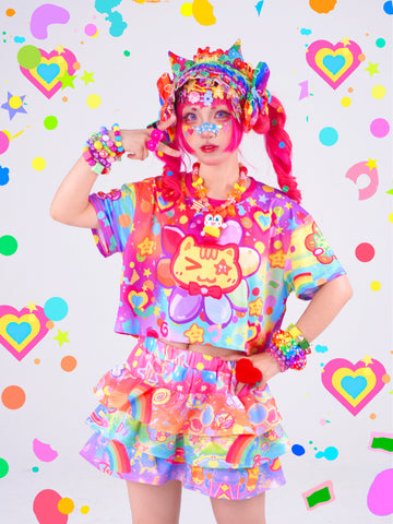 Rainbow Sunflower Cat Harajuku kawai decora full-print  T-shirt