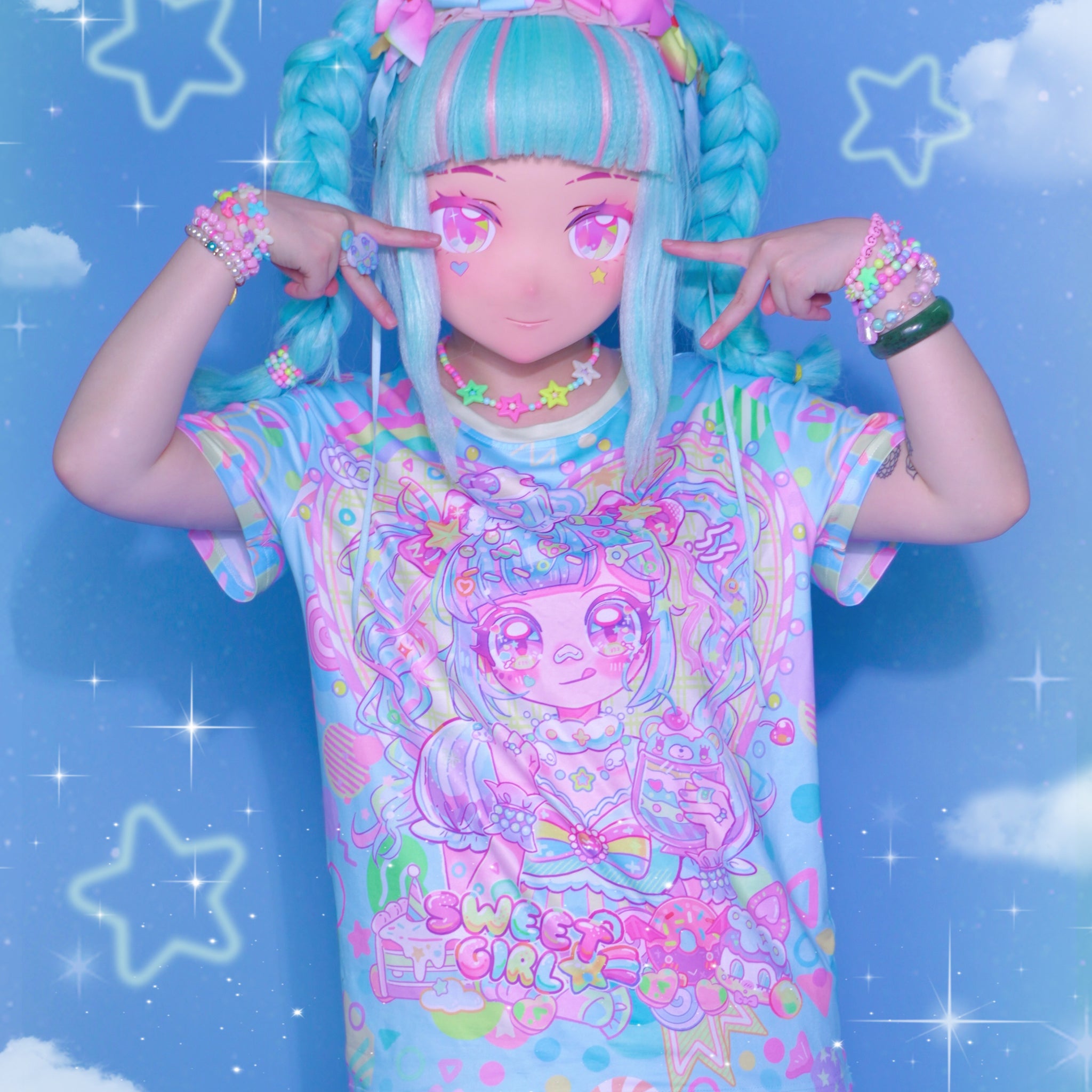 Harajuku kawai decora blue Sweet Candy Girl decora full-print  T-shirt