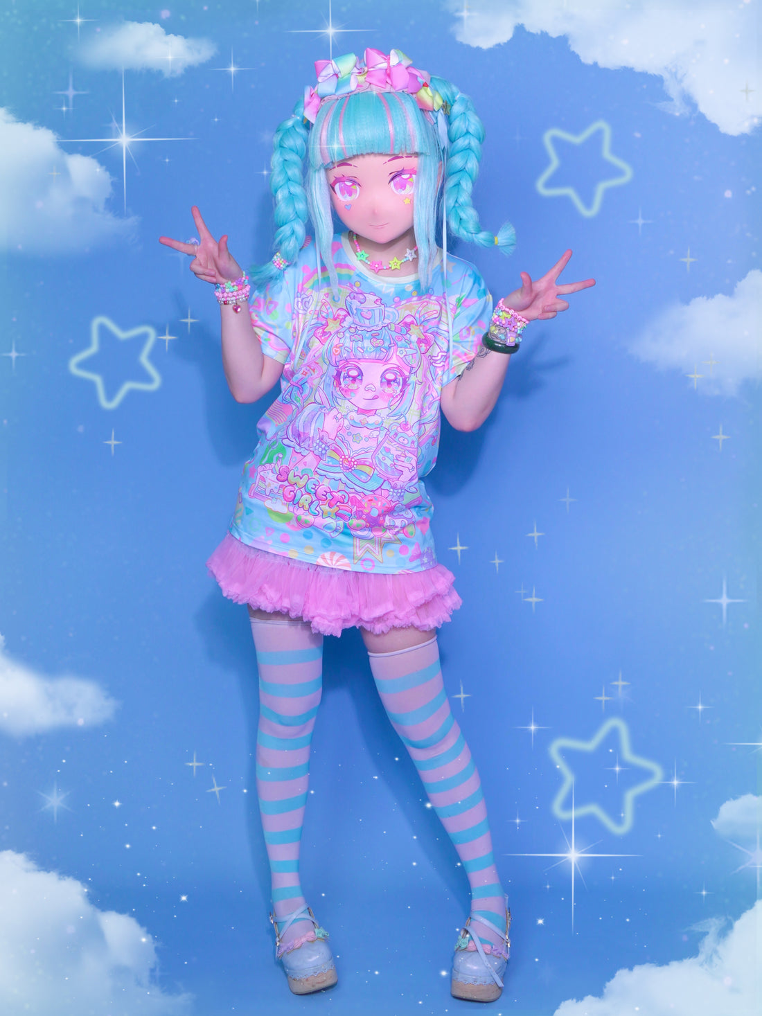 Harajuku kawai decora blue Sweet Candy Girl decora full-print  T-shirt