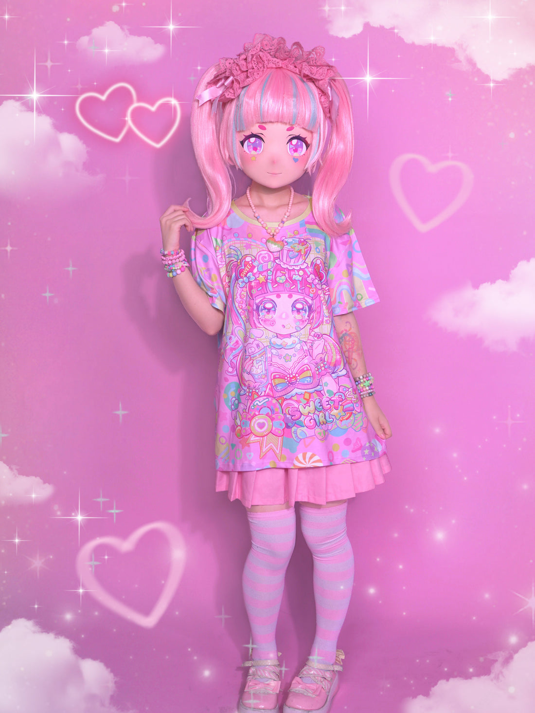 Harajuku kawai decora pink Sweet Candy Girl decora full-print  T-shirt