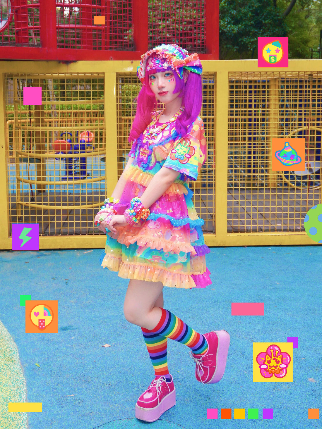 Harajuku Rainbow gradient girl's camisole tulle dress layering essential Decora Fashion